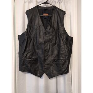 Black Leather Vest Mens Sleeveless‎ Button Up Biker Western Cowboy XXL